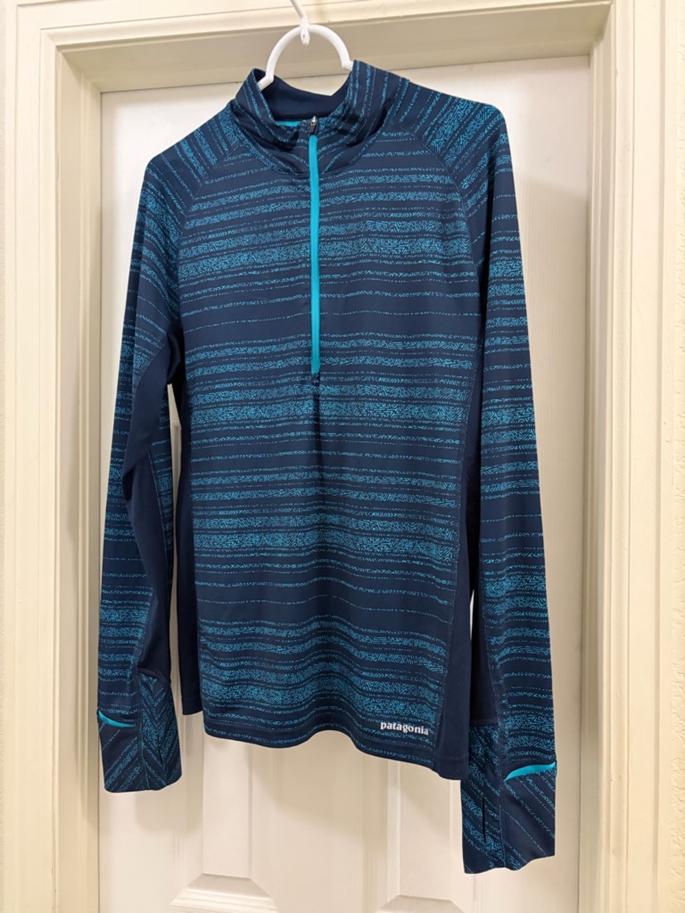 Patagonia Navy and Teal Striped Half-Zip Performance Top